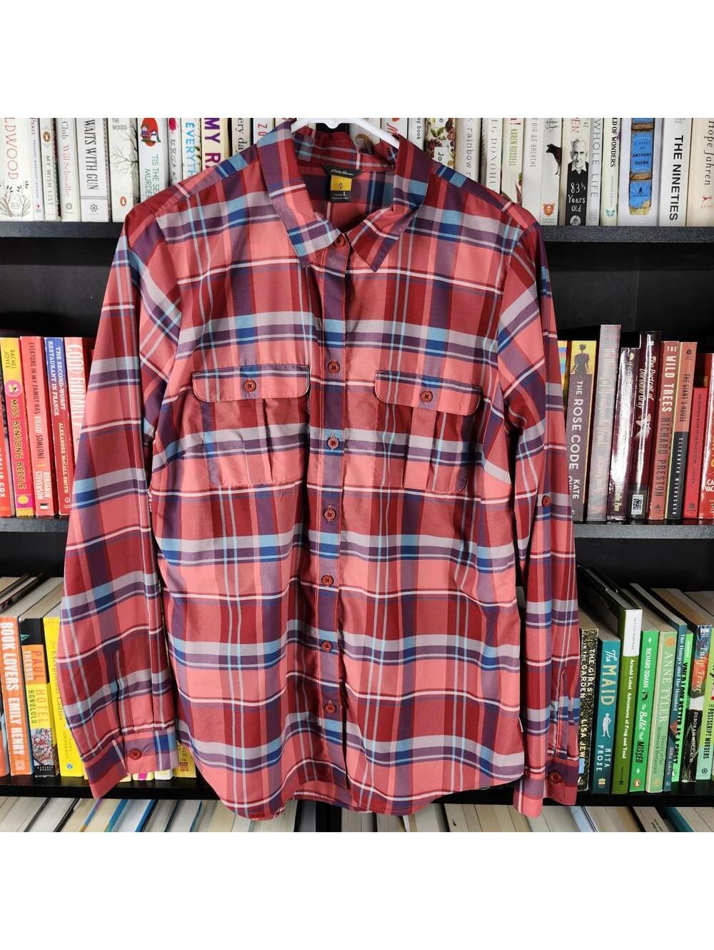 Eddie Bauer Plaid Button Up Shirt Red Blue Plaid Large